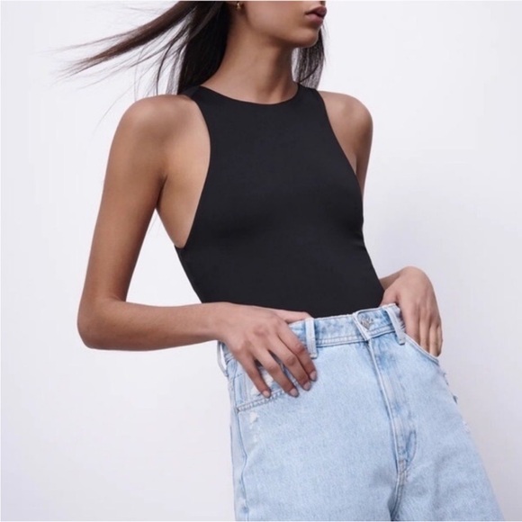 Zara Halter Bodysuit Top L High Neck Snap Buttons Sleeveless Black Blogger's Fav - Picture 12 of 12